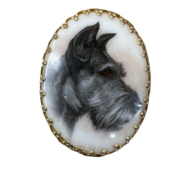 West Germany Jewelry - Vintage West Germany Schnauzer Dog Portrait Brooch Pin Gold Tone Oval Signed 2"